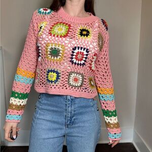 Debut Multicolor Crochet Long Sleeve Top Size Large